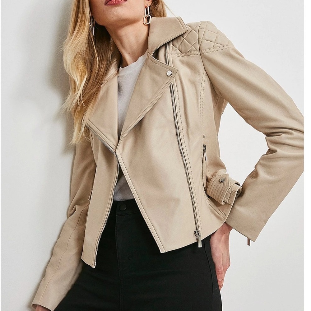 Karen Millen Beige leather jacket, size US 2